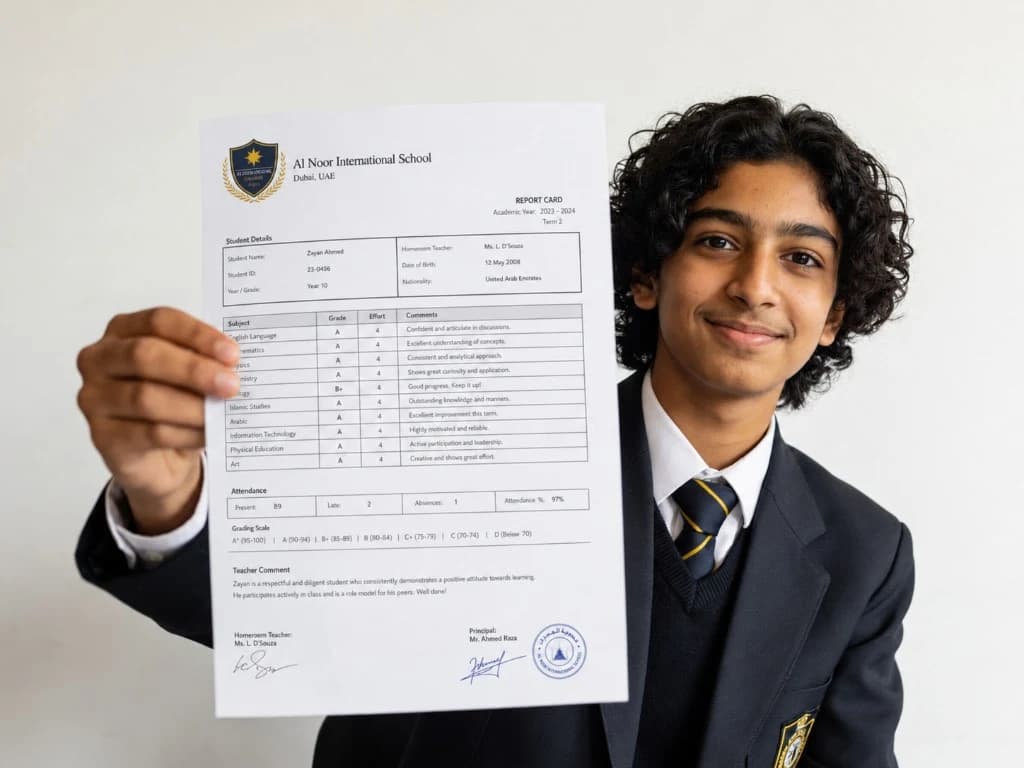 Zayan Ahmed holding his IGCSE report card, smiling in school uniform