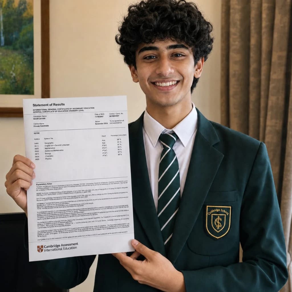 Faizan Shah holding his Cambridge IGCSE statement of results showing A* and A grades