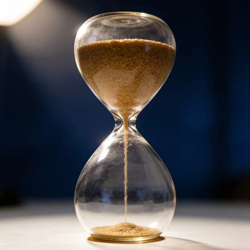 Hourglass with golden sand flowing through a narrow neck — time running out before exams