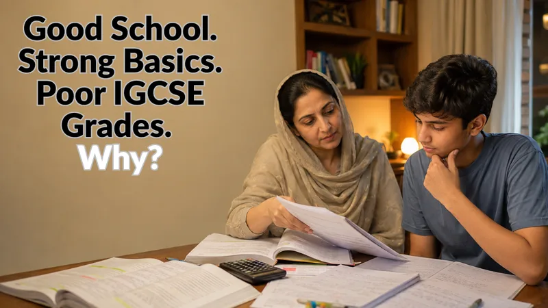 IGCSE student reviewing past papers and textbooks with a parent during an evening study session
