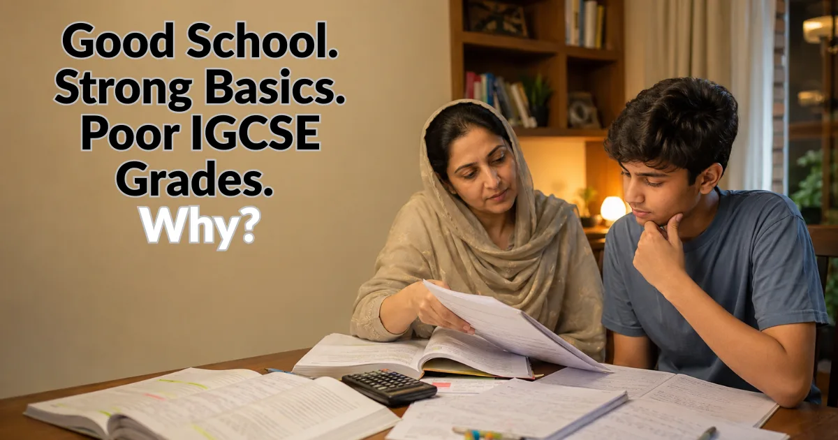IGCSE student reviewing past papers and textbooks with a parent during an evening study session