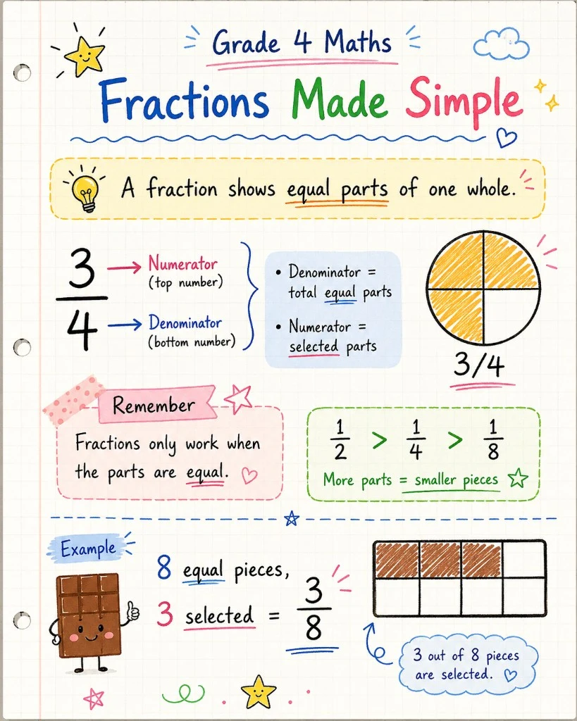 Grade 4 Maths fractions teaching notes — visual explanation of numerators, denominators, and equal parts