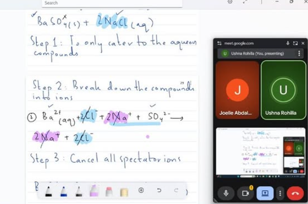 Live Tutify class — teacher balancing an ionic equation step by step on a digital whiteboard, Grade 8 Chemistry