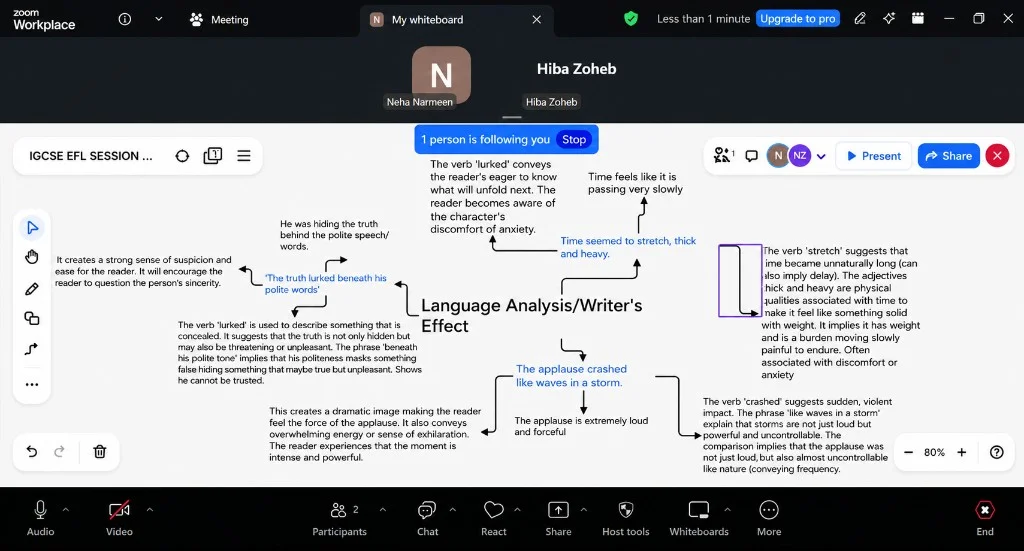 Live Tutify English class — IGCSE writer's effect analysis on a Zoom whiteboard, phrase by phrase